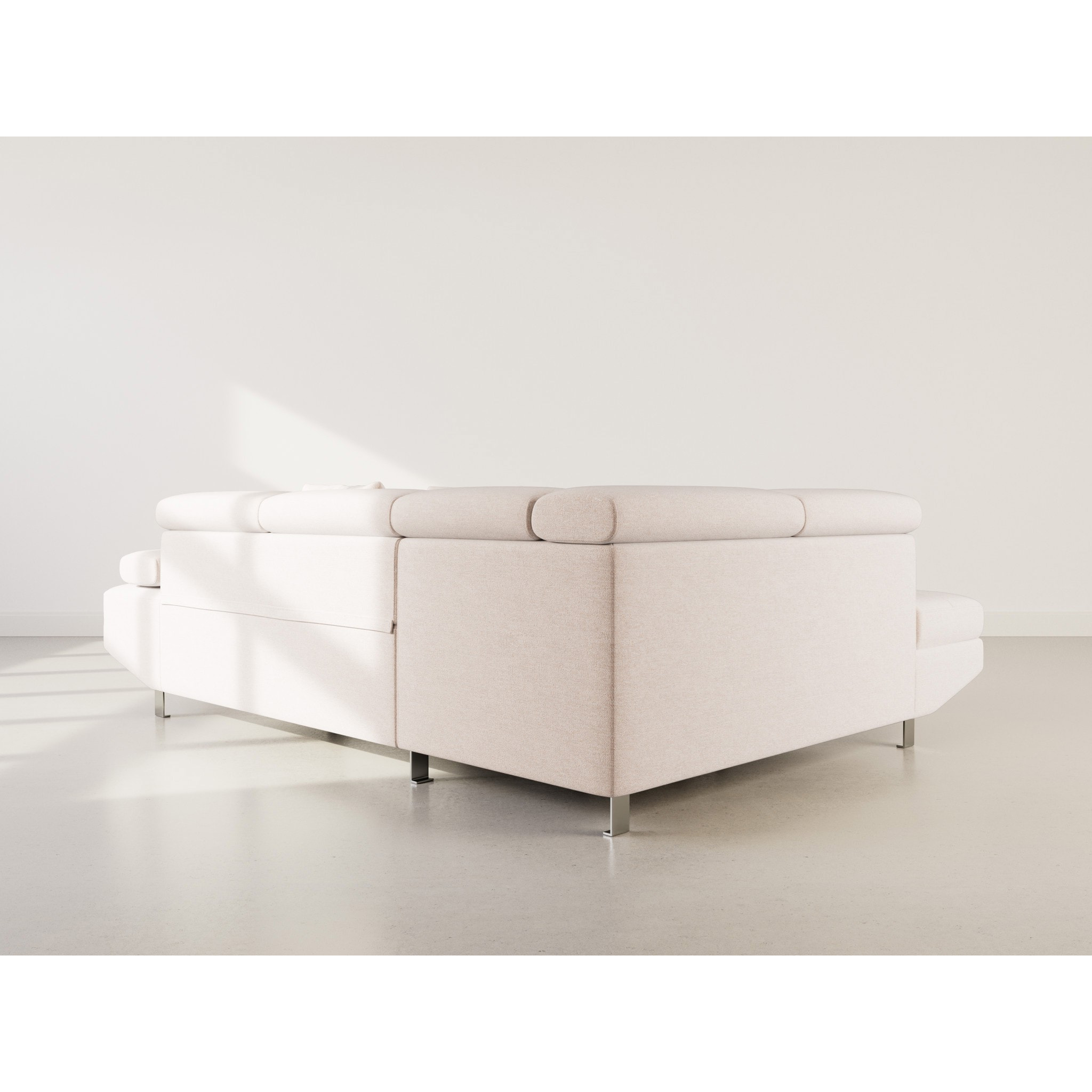 Margaux - Canapé d'angle gauche 5 places convertible avec coffre et têtières réglables en velours texturé - Beige