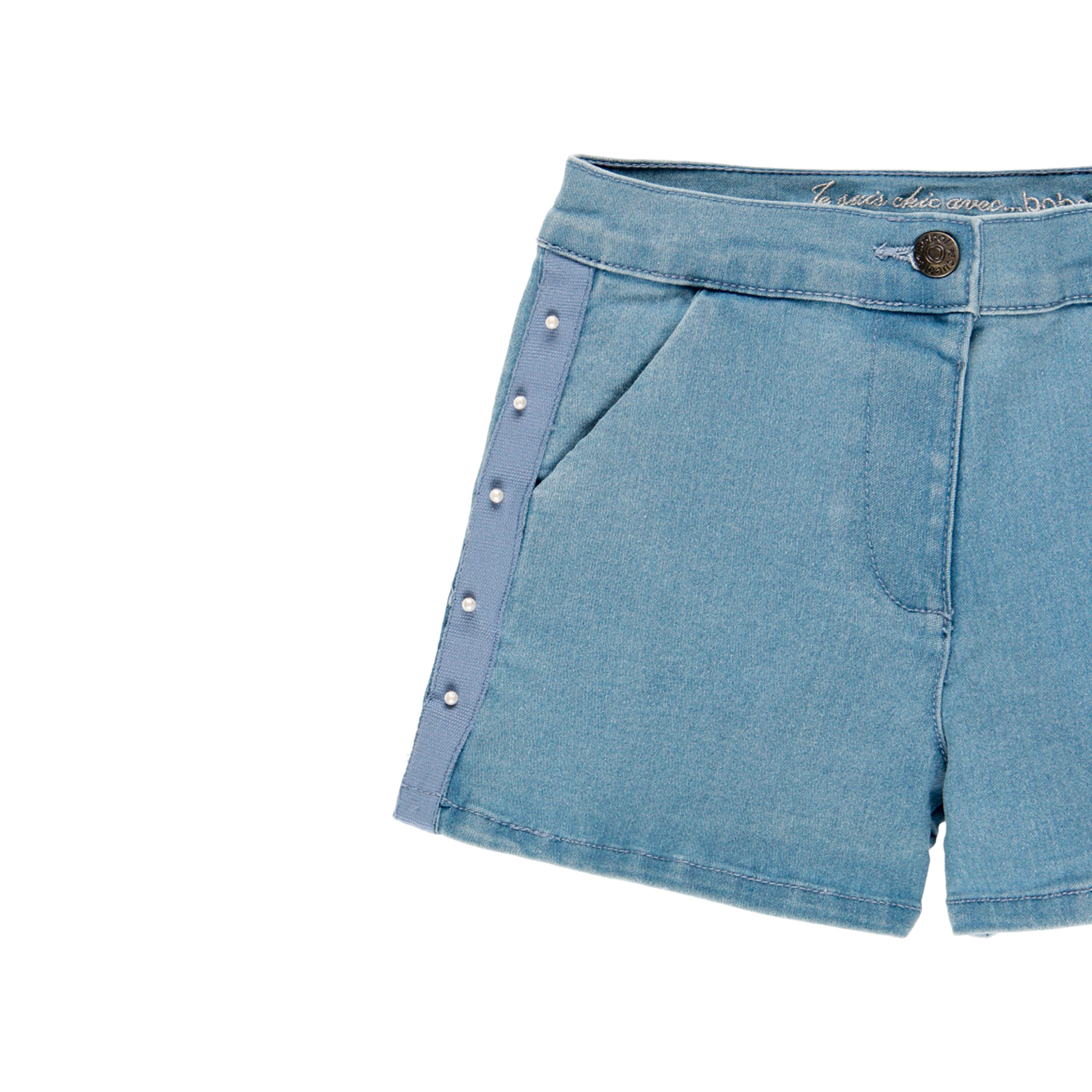 Short denim elástico con perlas de niña