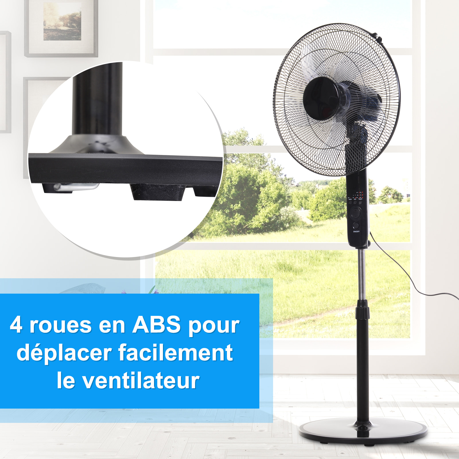 Ventilateur sur pied Ø 44 cm hauteur réglable oscillant silencieux 45 W avec télécommande minuterie 3 modes 3 vitesses noir