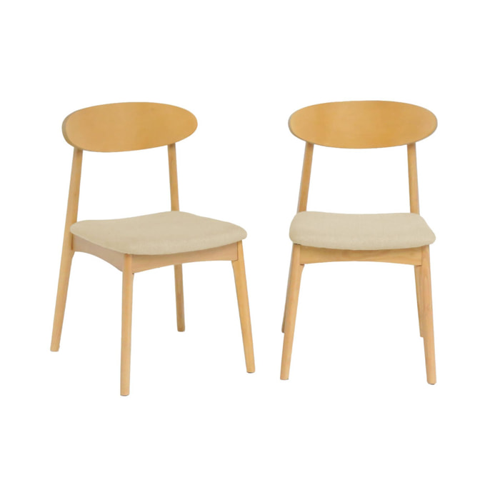 Chaise vintage bois d'hévéa naturel et tissu (lot de 2) ARIA