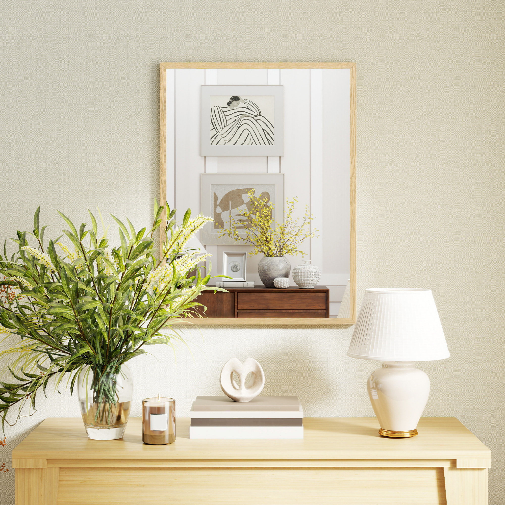 Miroir mural rectangulaire dim. 60L x 80H cm MDF effet bois naturel