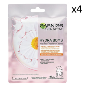 4x Maschera Viso Idratante Calmante in Tessuto SkinActive Hydra Bomb con Camomilla e Acido Ialuronico