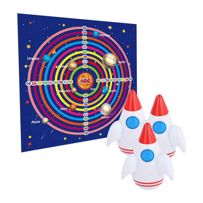 DAM Lanzamiento espacial de cohetes: juego de puntería, incluye 1 manta diana y 3 cohetes hinchables. 48x48x10 Cm. Color: Azul Oscuro