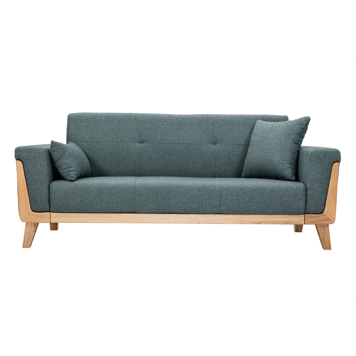 Canapé scandinave 3 places en tissu vert de gris et bois clair FJORD