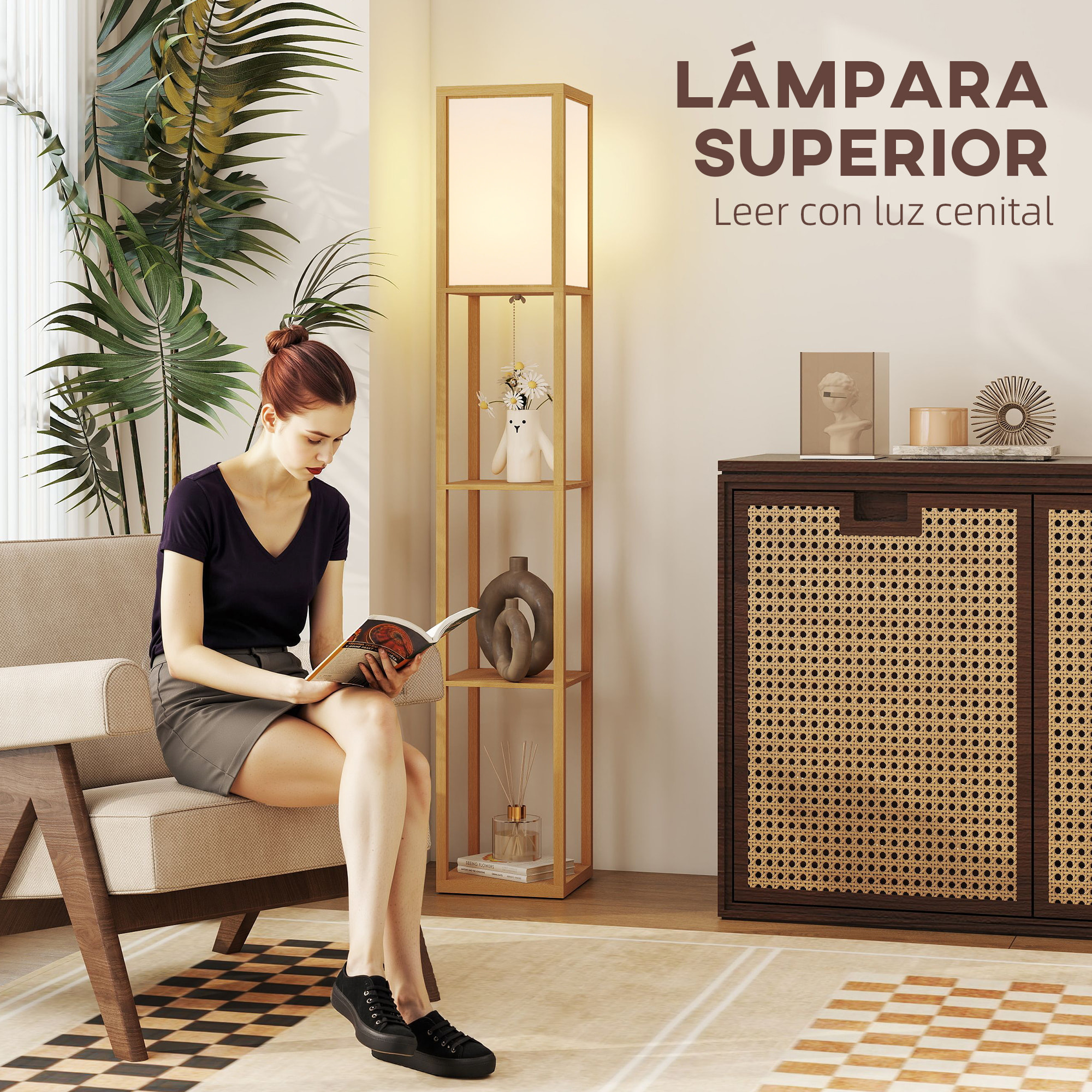 Lámpara de Pie con Estantes de Almacenaje, Lámpara de Madera Moderna, Bombilla E27, para Salón, Dormitorio, Oficina, Natural