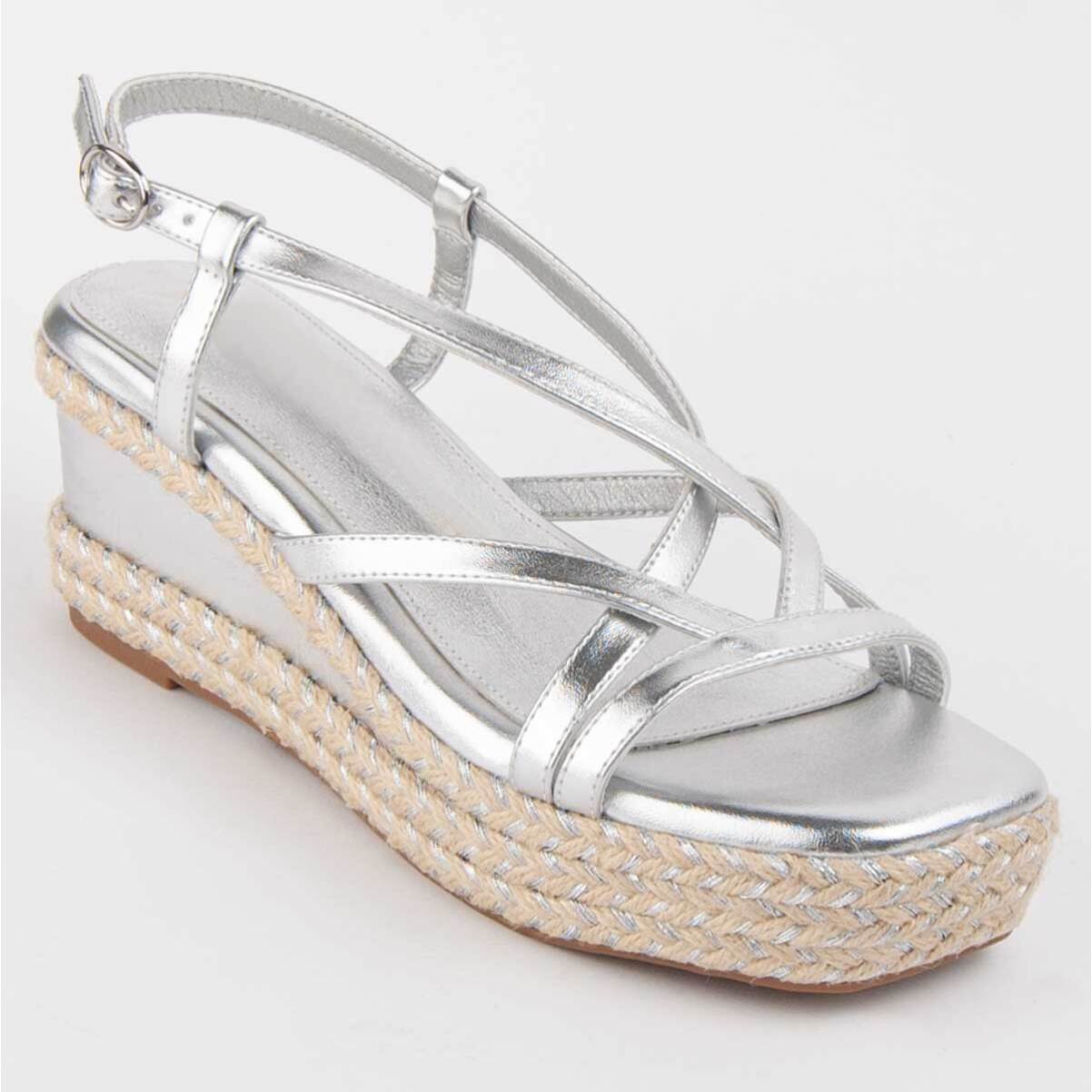 Sandalia De Cuña - Plateado - Altura: 7 Cm