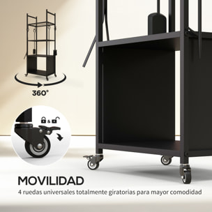 Leñero con Ruedas Soporte para Leña de 4 Niveles Estante de Leña con Pala Atizador Cepillo Tenazas para Interior y Exterior 45x30x118 cm Negro