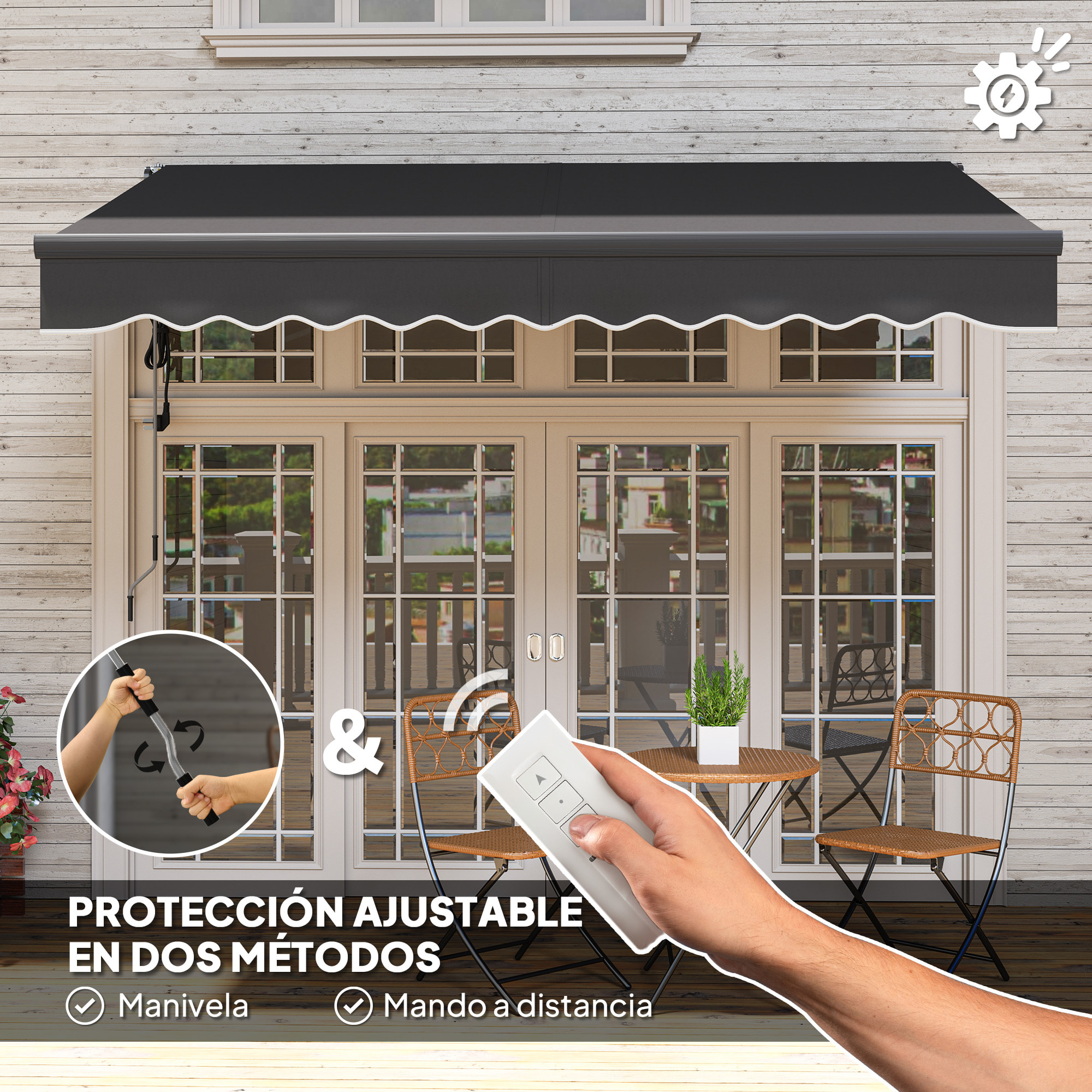 Toldo Eléctrico Retráctil y Manual con Mando a Distancia 3x2,5 m Toldo de Exterior Terraza Enrollable con Manivela Marco de Aluminio y Protección UV30+ para Jardín Puerta Ventana Gris