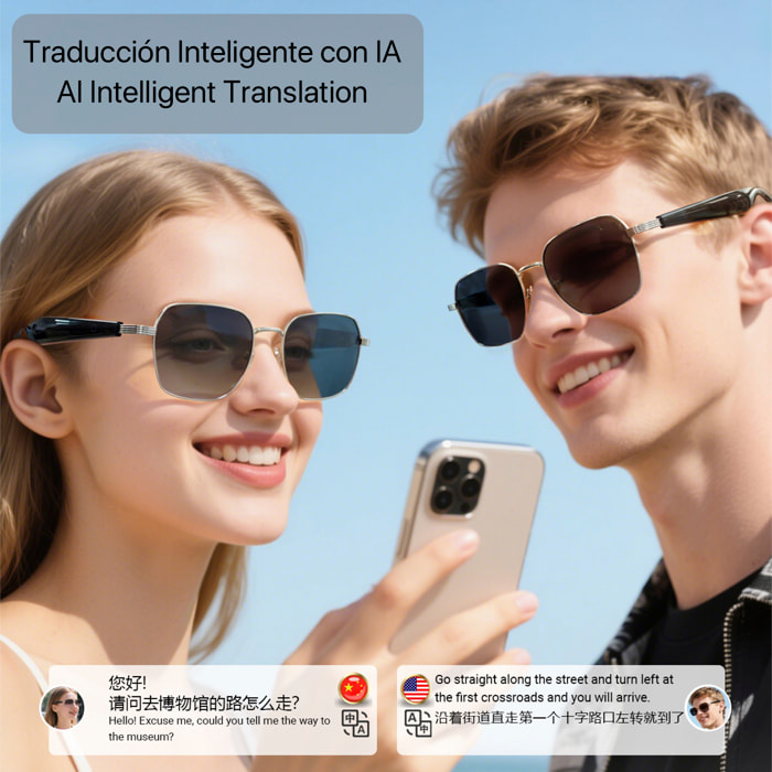 Gafas AI GY-200, traducción automática de +100 idiomas, agente AI, reproducción músical.