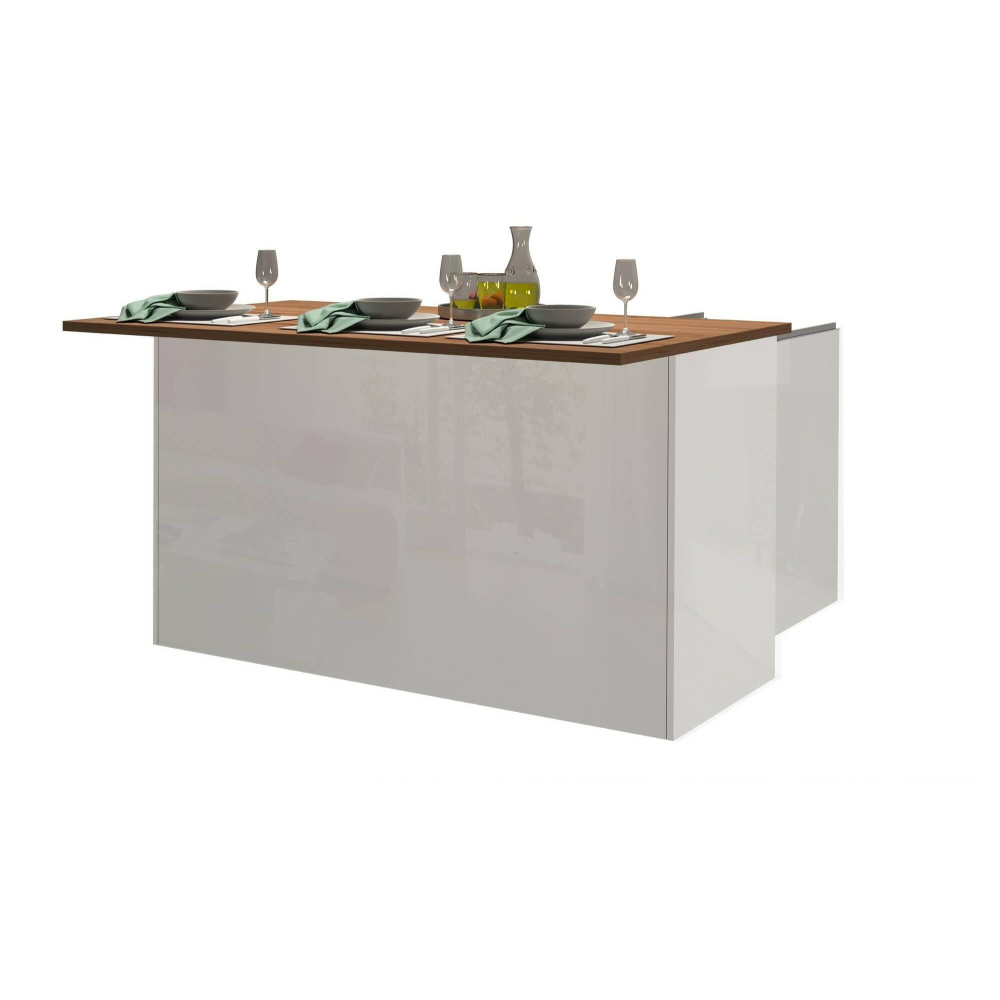 Isola da cucina Dcarnelo, Tavolo ausiliario portaoggetti, Mobile da cucina a 3 ante, 100% Made in Italy, 155x90h90 cm, Bianco lucido e Rovere