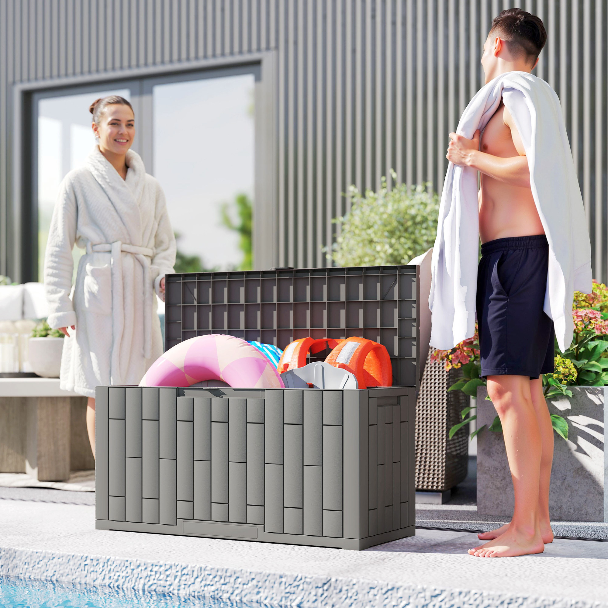 Arcón Exterior Capacidad 227L, Baúl de Almacenaje Exterior de Resina Resistente al Agua y a los Rayos UV, con Cerradura para Jardín, Terraza, Patio, 106,5x43x54,5 cm, Gris