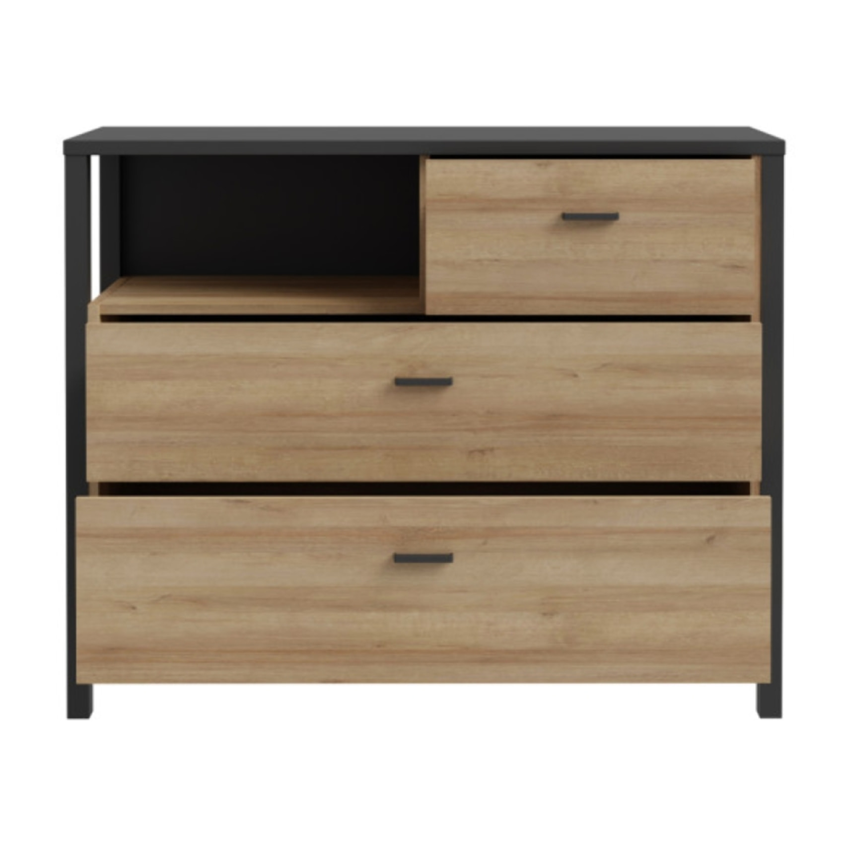 Commode bois effet chêne et noir 3 tiroirs - MIAMI