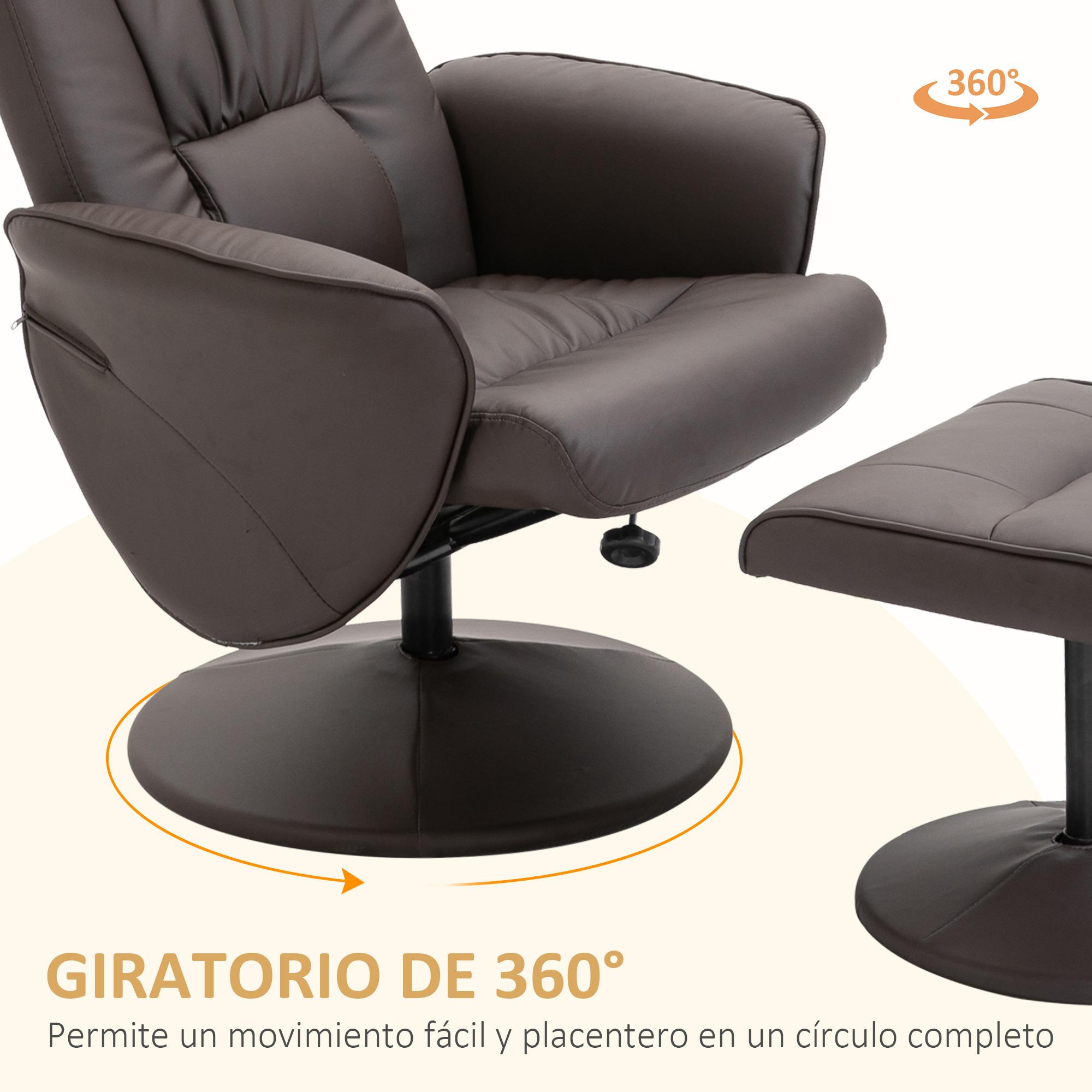 Sillón de Salón con Otomana Reposapiés Tapizado en PU Sillón Relax Reclinable hasta 145° y Giratorio 360° con Respaldo Ajustable para Salón Dormitorio Oficina 81x81x105 cm Marrón