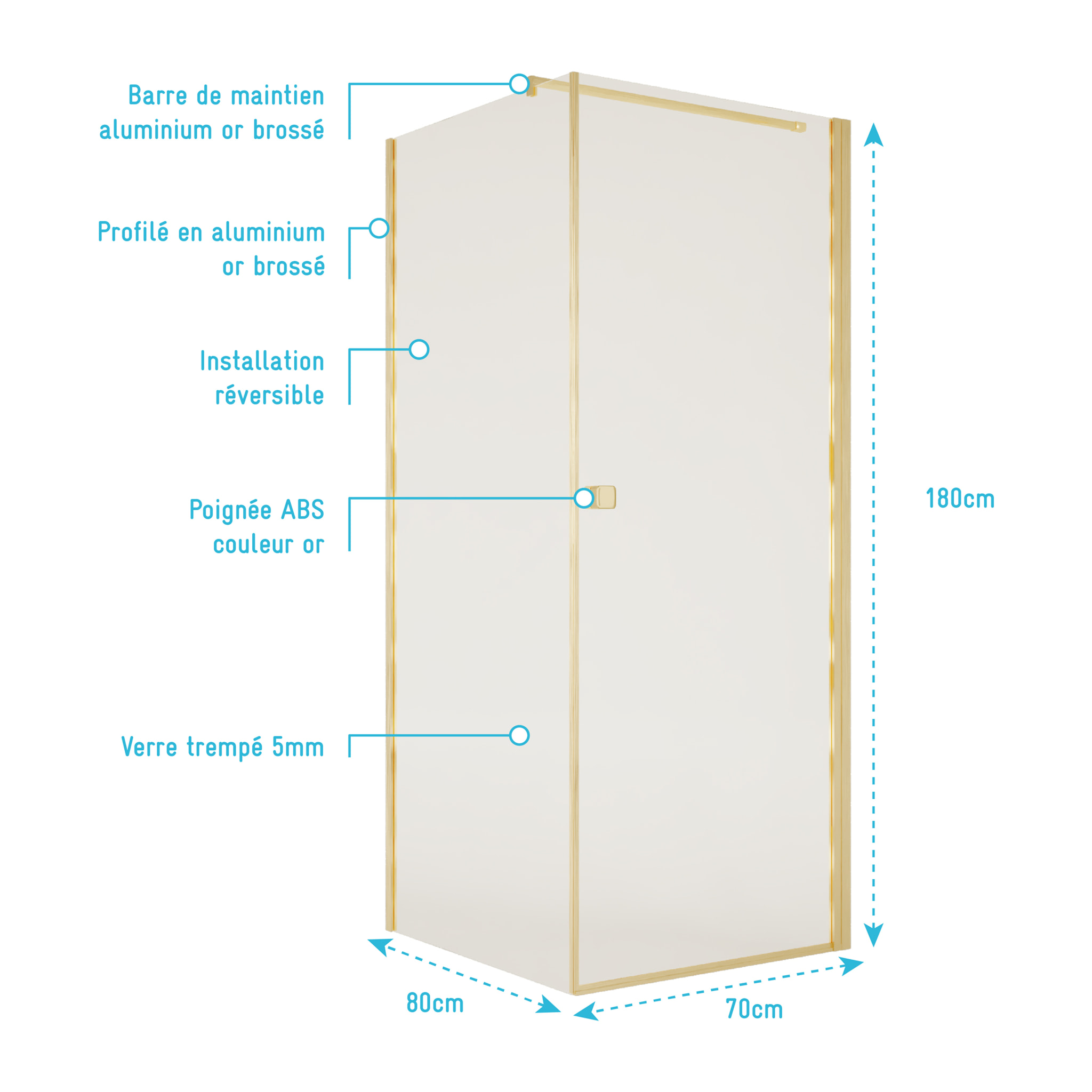 Porte de Douche Pivotante 70x180cm et Retour 80cm - Profil Or Brosse - Verre 5mm - GOLD ELEMENTARY