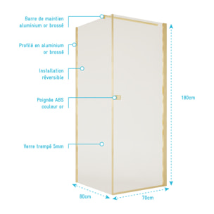 Porte de Douche Pivotante 70x180cm et Retour 80cm - Profil Or Brosse - Verre 5mm - GOLD ELEMENTARY