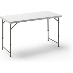Mesa plegable multifuncional de altura regulable 120 x 60 x 52,5-75 cm, plegado y asa para su desplazamiento