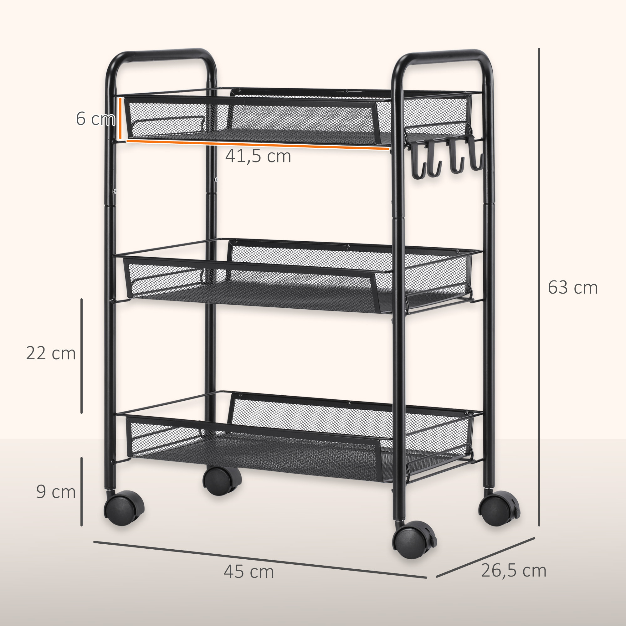 Carrito Auxiliar con Ruedas, Carrito de Cocina de Acero, con 3 Cestas, Carga 9 kg, para Comedor, Sala de Estar, Baño, 45x26,5x63 cm, Negro