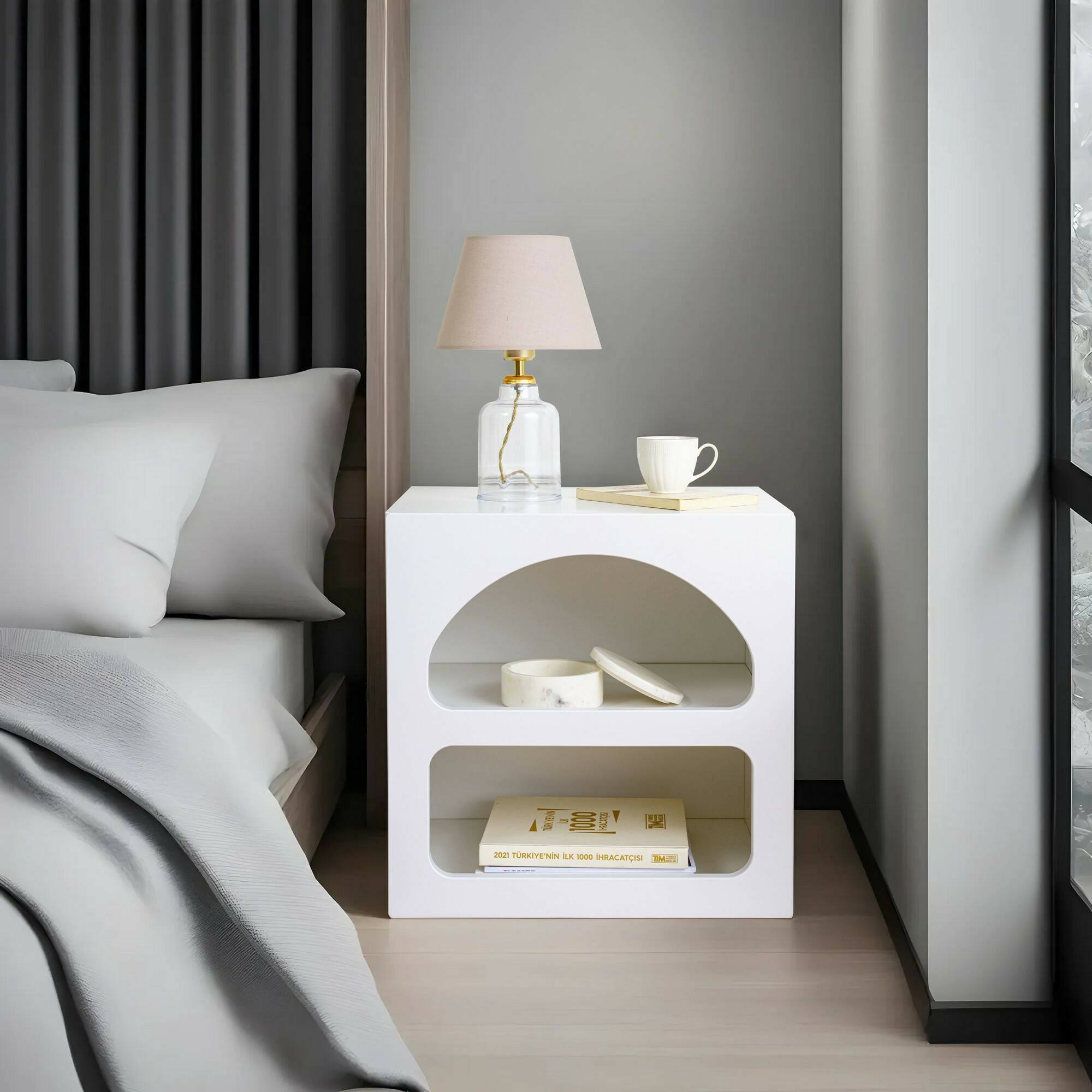 Comodino Nara, Comò basso, Tavolino da notte, Mensola da letto, 50x38h50 cm, Bianco