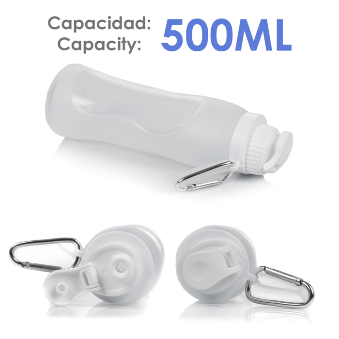 Botella plegable enrollable de 500ml, de silicona de grado alimenticio. Con mosquetón.