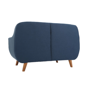 Canapé déhoussable 2 places en tissu bleu foncé et bois foncé YNOK