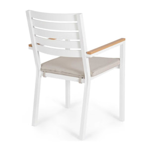 Set 4 sedie da giardino ELDA con cuscino beige, braccioli effetto legno e struttura bianca