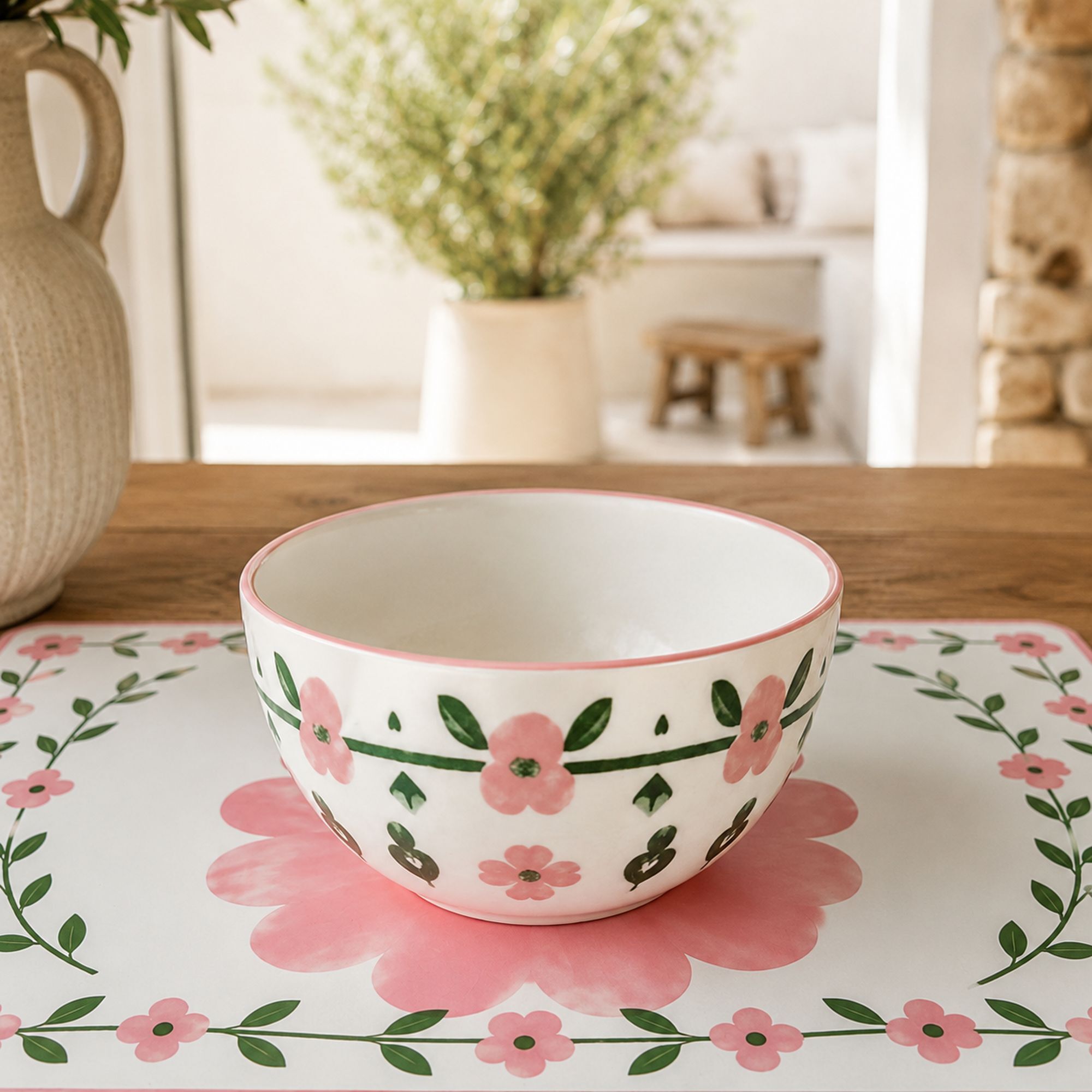 Lot de 6 bols 60cl en porcelaine blanc et rose floral PRIMAVERA