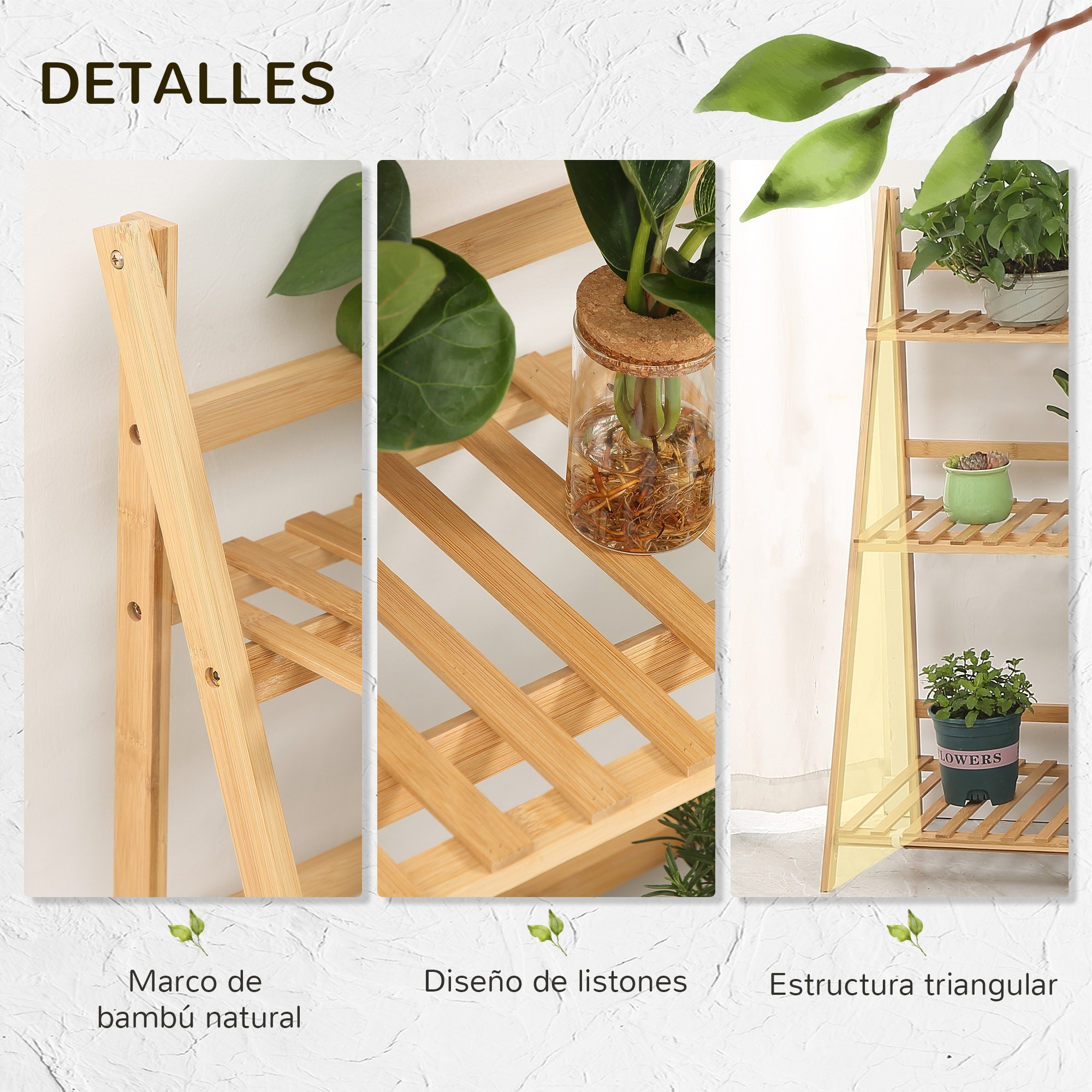 Estantería para Plantas de 3 Niveles de Bambú Plegable 98x37x96,5 cm Natural