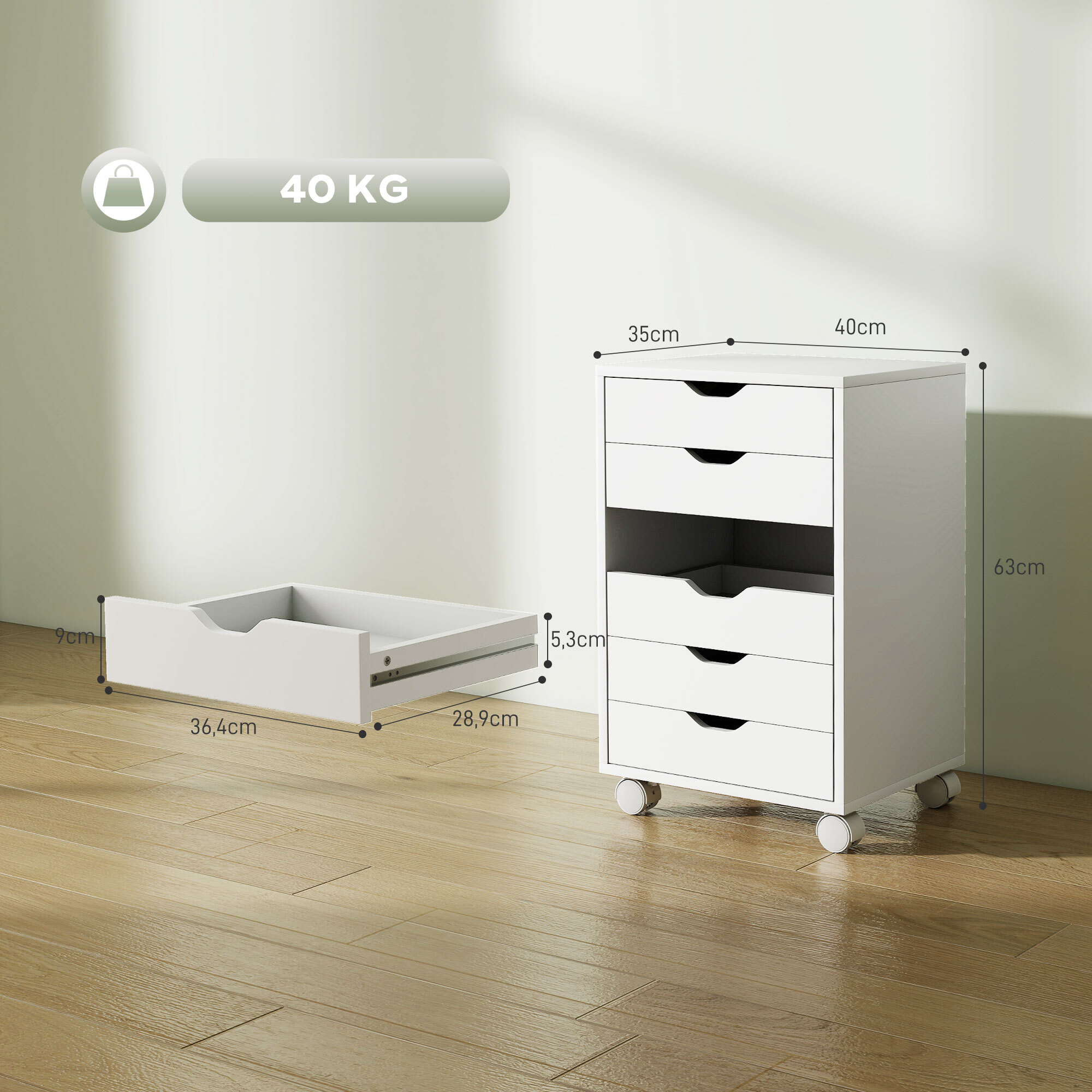 Cajonera Escritorio, Archivador Móvil con 6 Cajones, Soporte para Impresora con Ruedas, Guías Deslizantes Silenciosas, para Oficina, Casa, Blanco