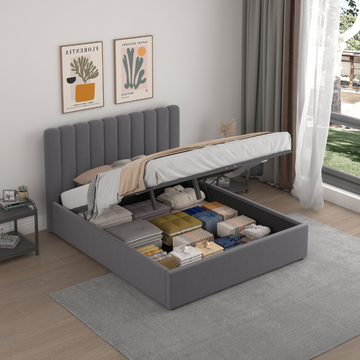 LEANA Lit avec coffre de rangement 160x200cm velours gris foncé