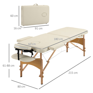 Camilla de Masaje Plegable 185x60 cm Camilla Plegable Portátil con Reposacabezas Extraíble Asa y Marco de Madera Camilla Fisioterapia con Altura Regulable y Bolsa de Transporte Crema