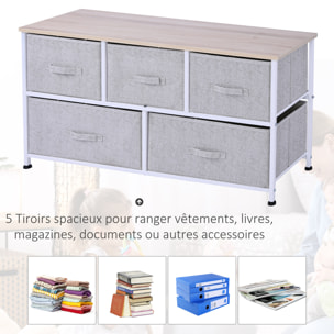 Commode meuble de rangement dim. 100L x 30l x 54H cm 5 tiroirs non-tissés gris structure métal blanc plateau MDF bois clair