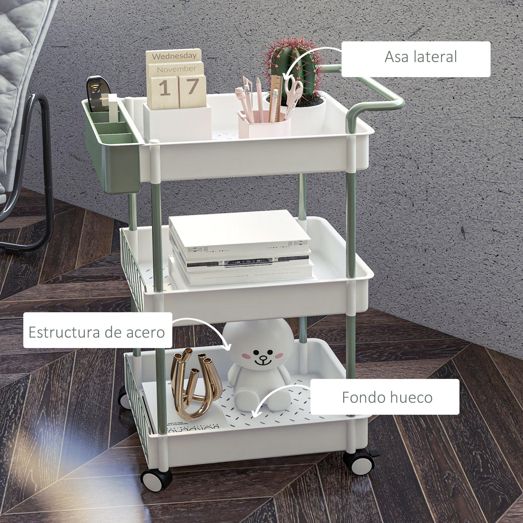 Carrito de Almacenamiento de 3 Niveles Carrito de Cocina con Asa y Caja Extraíble para Salón Comedor Oficina Baño 50x29,4x77 cm Blanco