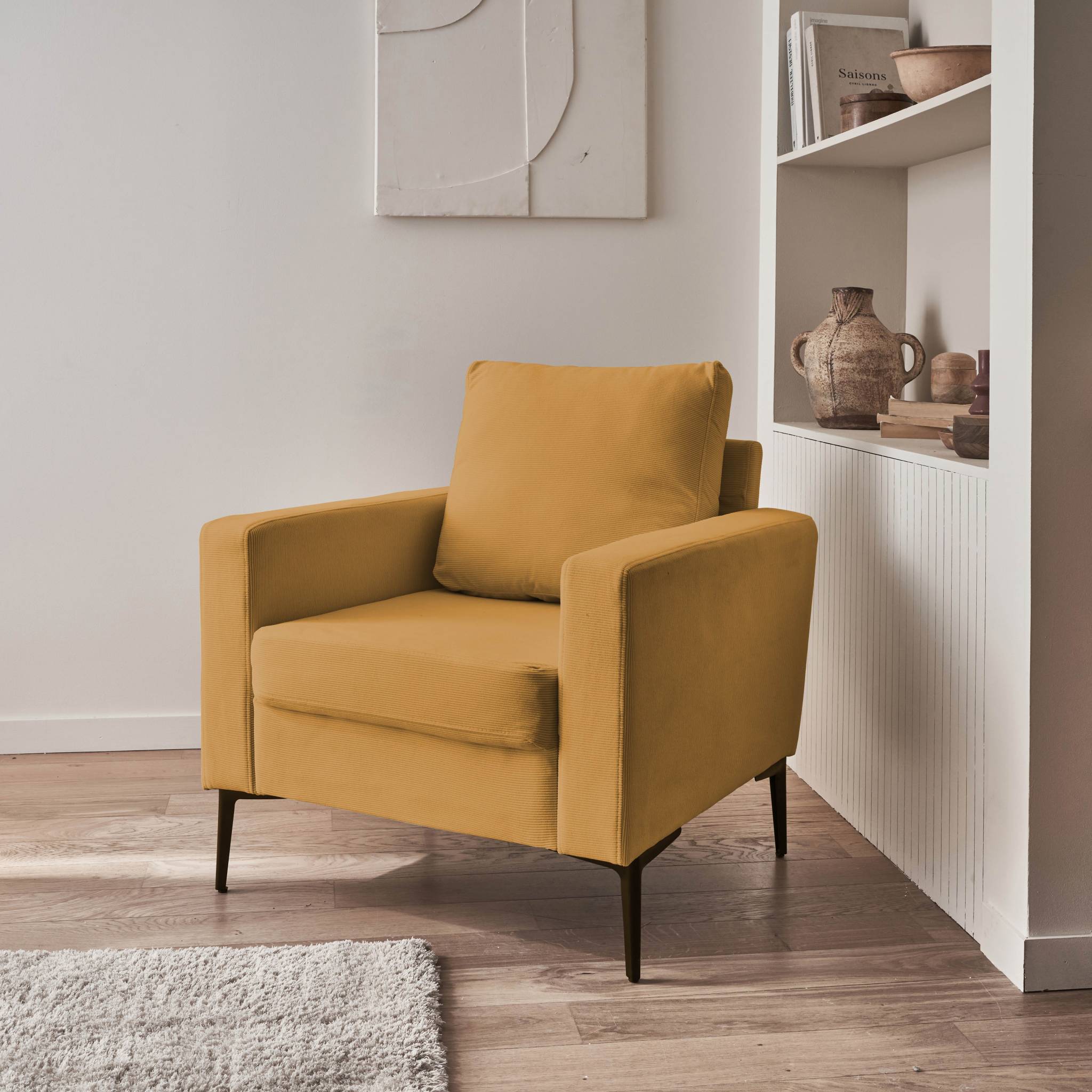 Fauteuil en velours côtelé ocre - Bjorn - Canapé 1 place fixe droit pieds métal