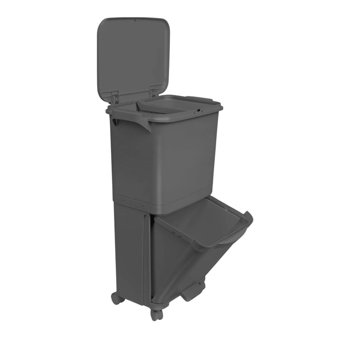 Papelera de reciclaje de clasificación selectiva con pedal, rudas y asa de doble compartimentos color negro antracita de 38l (24l + 14l)