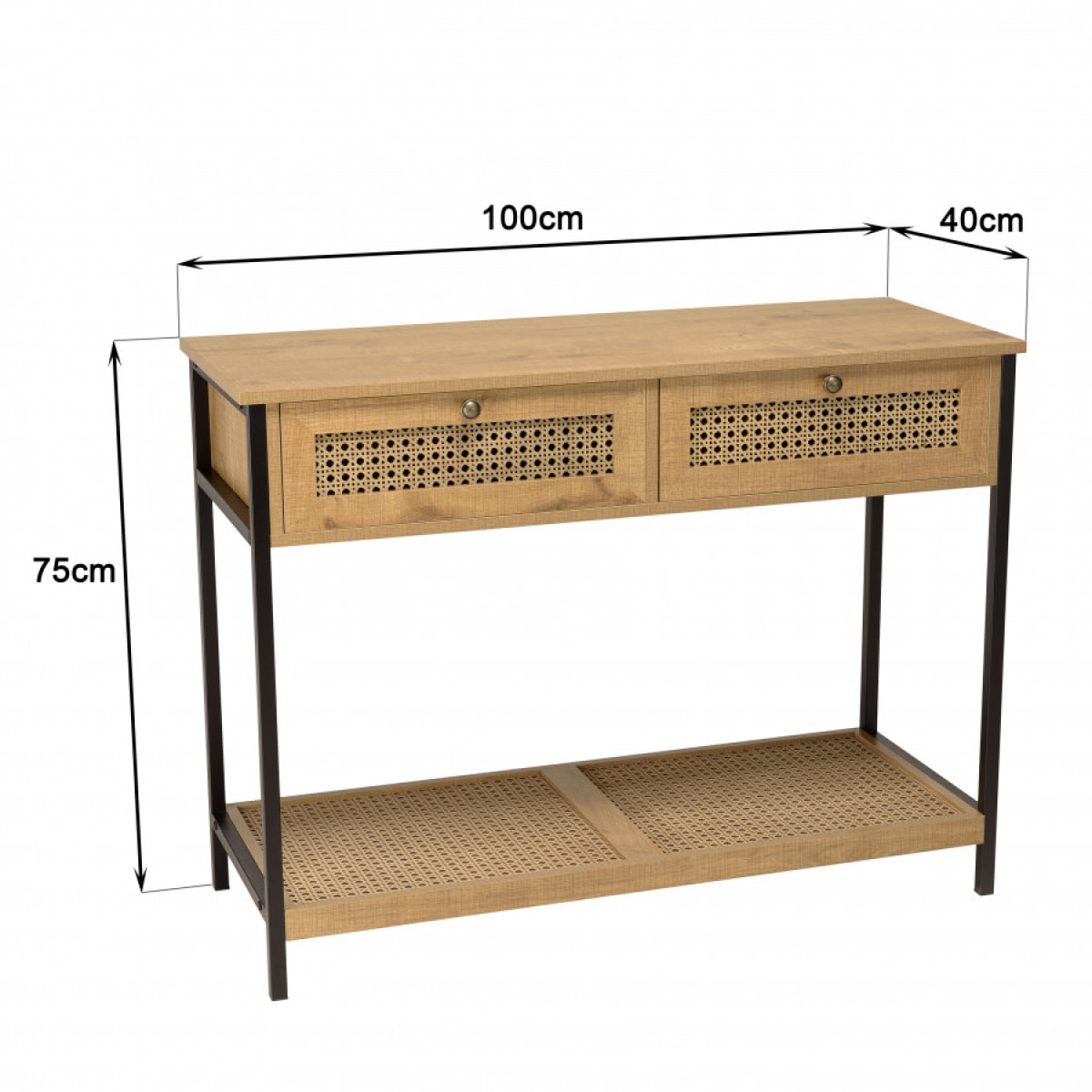 CHARLIE - Console marron 2 tiroirs 1 étagère effet cannage pieds métal