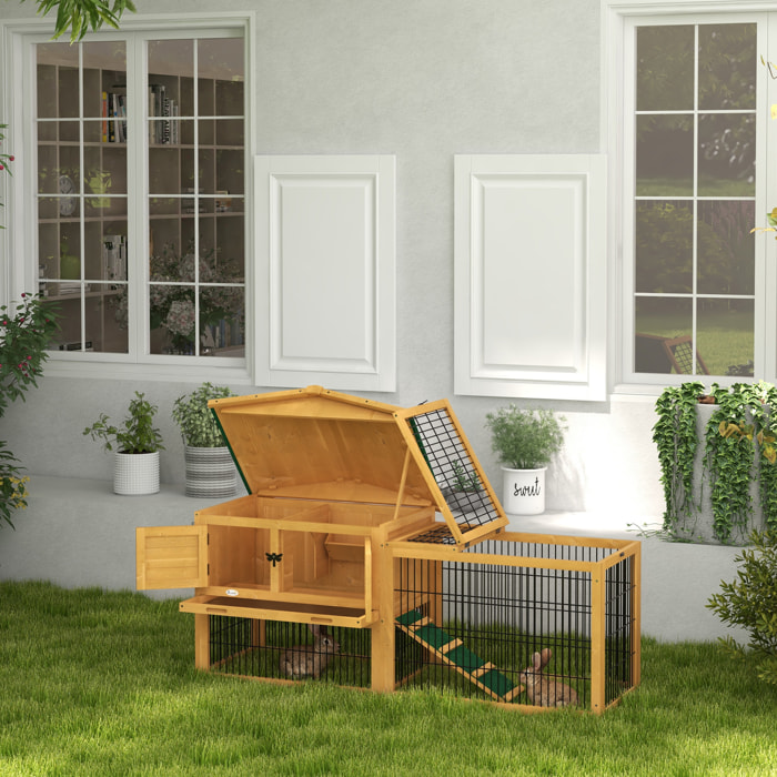 Clapier cage à lapins cottage - niche haute, rampe, enclos extérieur - plateau excrément, toit ouvrant, 2 portes verrouillables - bois naturel