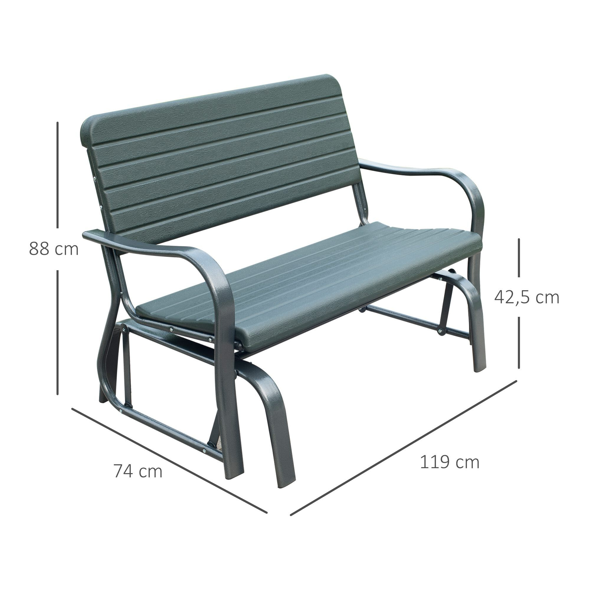 Banc à bascule de jardin 2 places - accoudoirs, assise, dossier ergonomique - métal époxy HDPE effet grain bois vert fougère