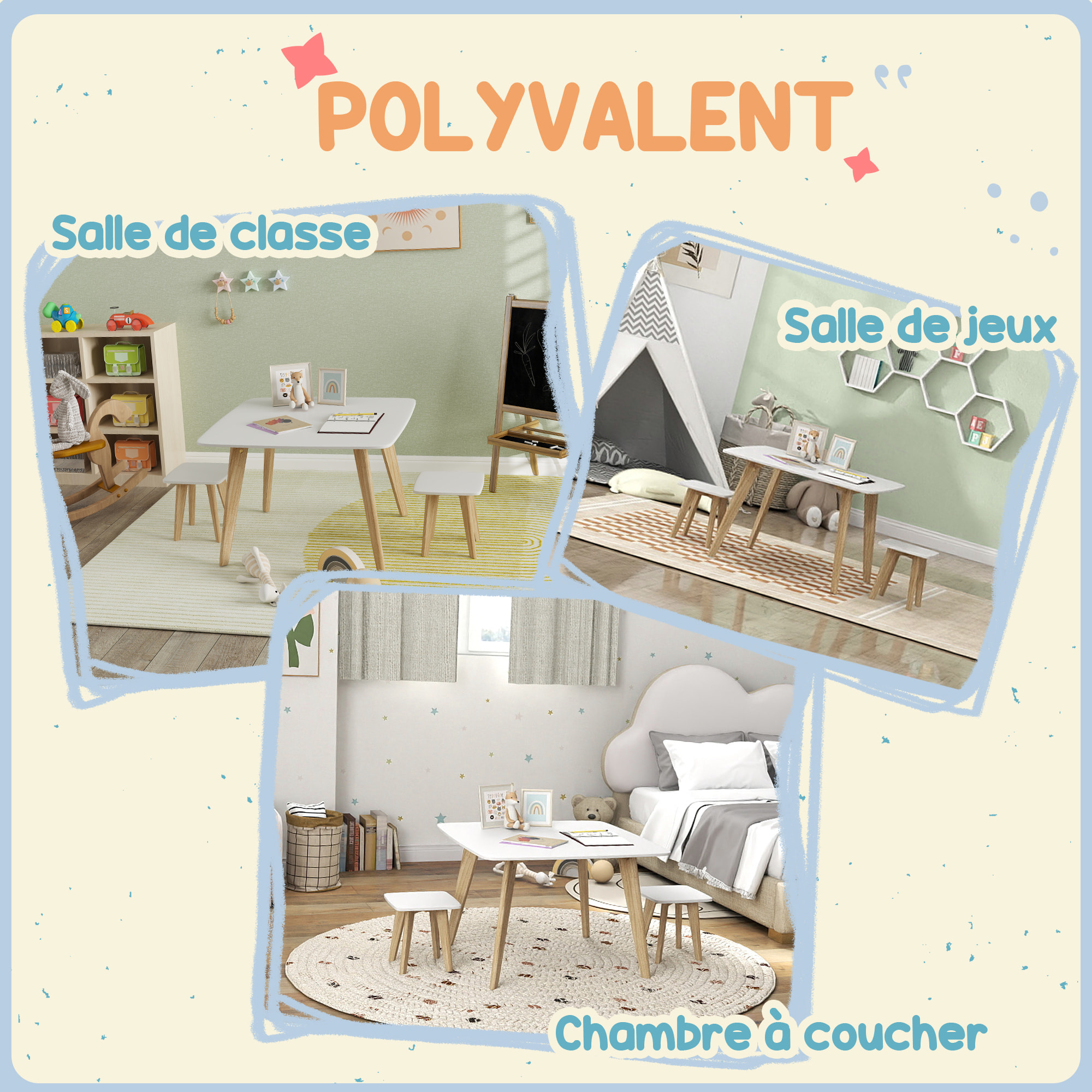 Ensemble table 2 tabourets enfant design scandinave - 3 pièces - piètement effilé bois MDF blanc