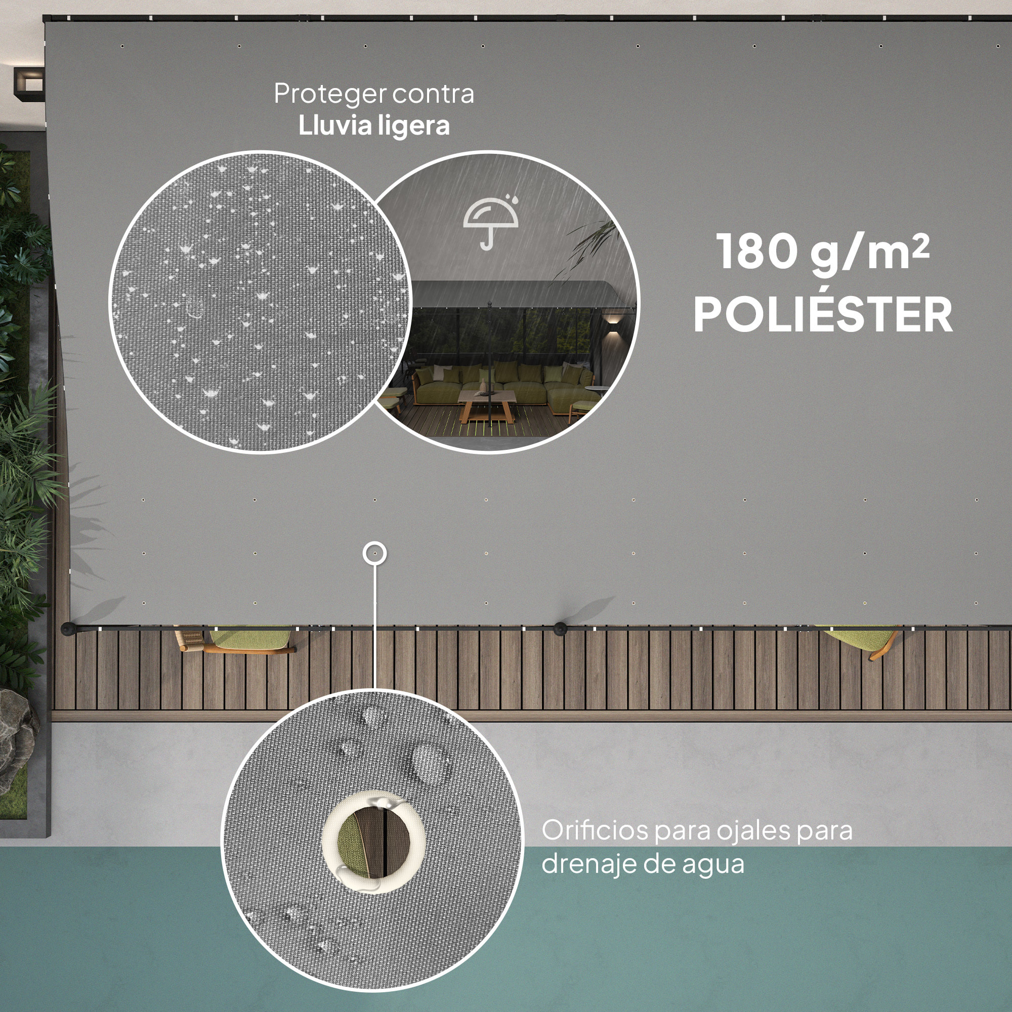 Pérgola de Pared de Jardín 3x6 m, Cenador de Jardín con Techo Inclinado, Orificios de Drenaje y Estructura Metálica, Resistente a la Intemperie, para Patio, Terraza, Balcón, Gris Oscuro