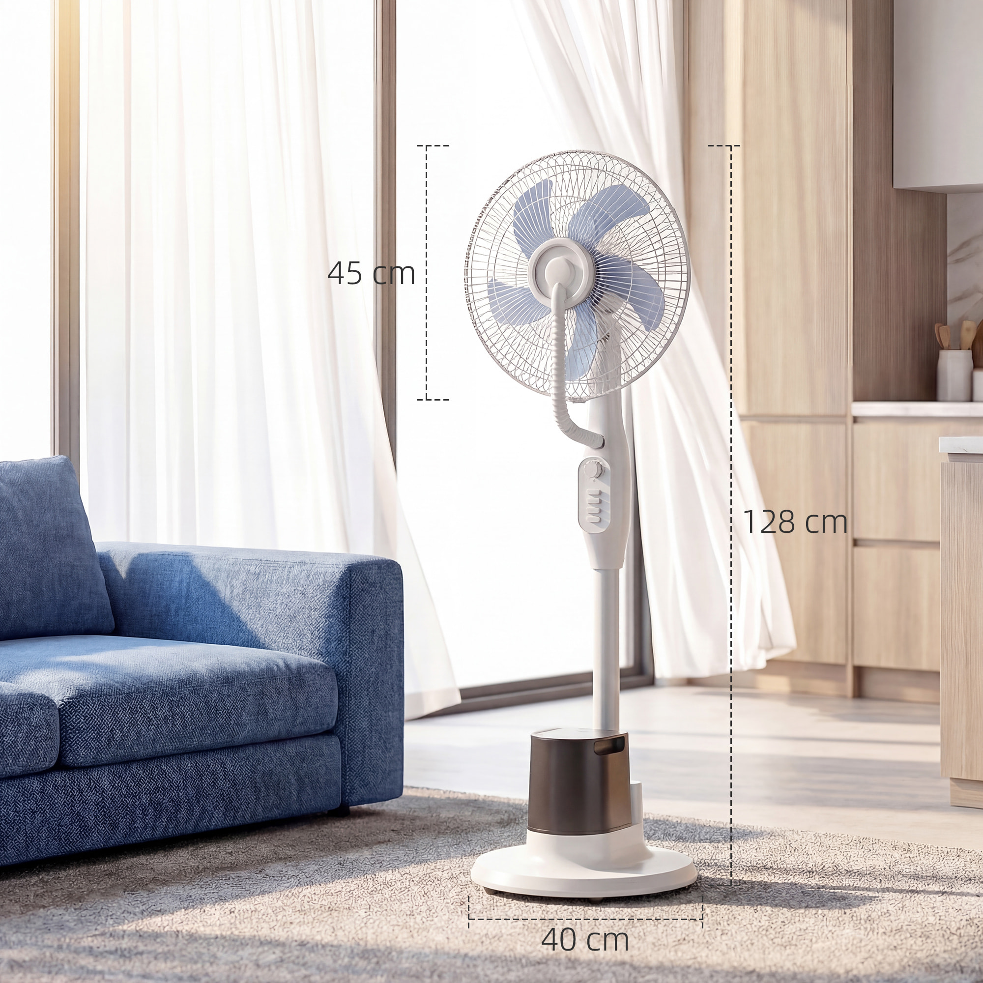 Ventilador Nebulizador, 90W, Ventilador con Agua, Oscilación de 70°, 3 Velocidades, 5 Aspas, Depósito de Agua de 3,5L, 5 Ruedas, para Hogar, Oficina, Dormitorio, Blanco