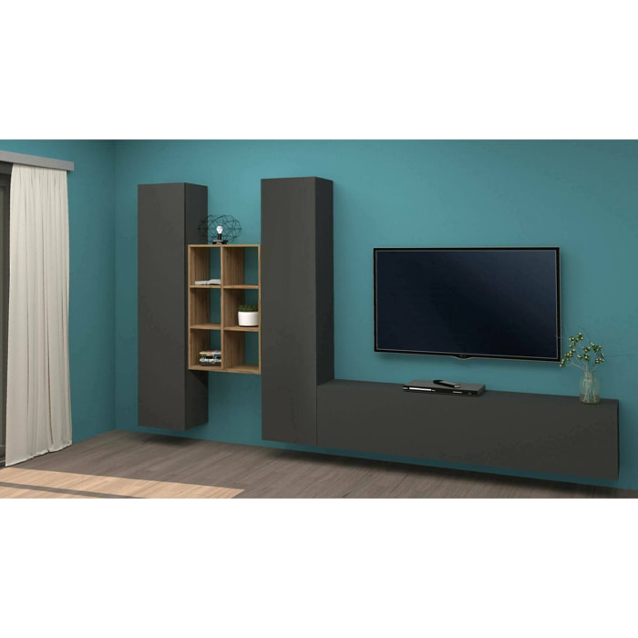 Parete attrezzata Emiliano, Set salotto porta TV a 3 ante, Mobile soggiorno multiuso, 100% Made in Italy, cm 320x30h180, Antracite e Acero