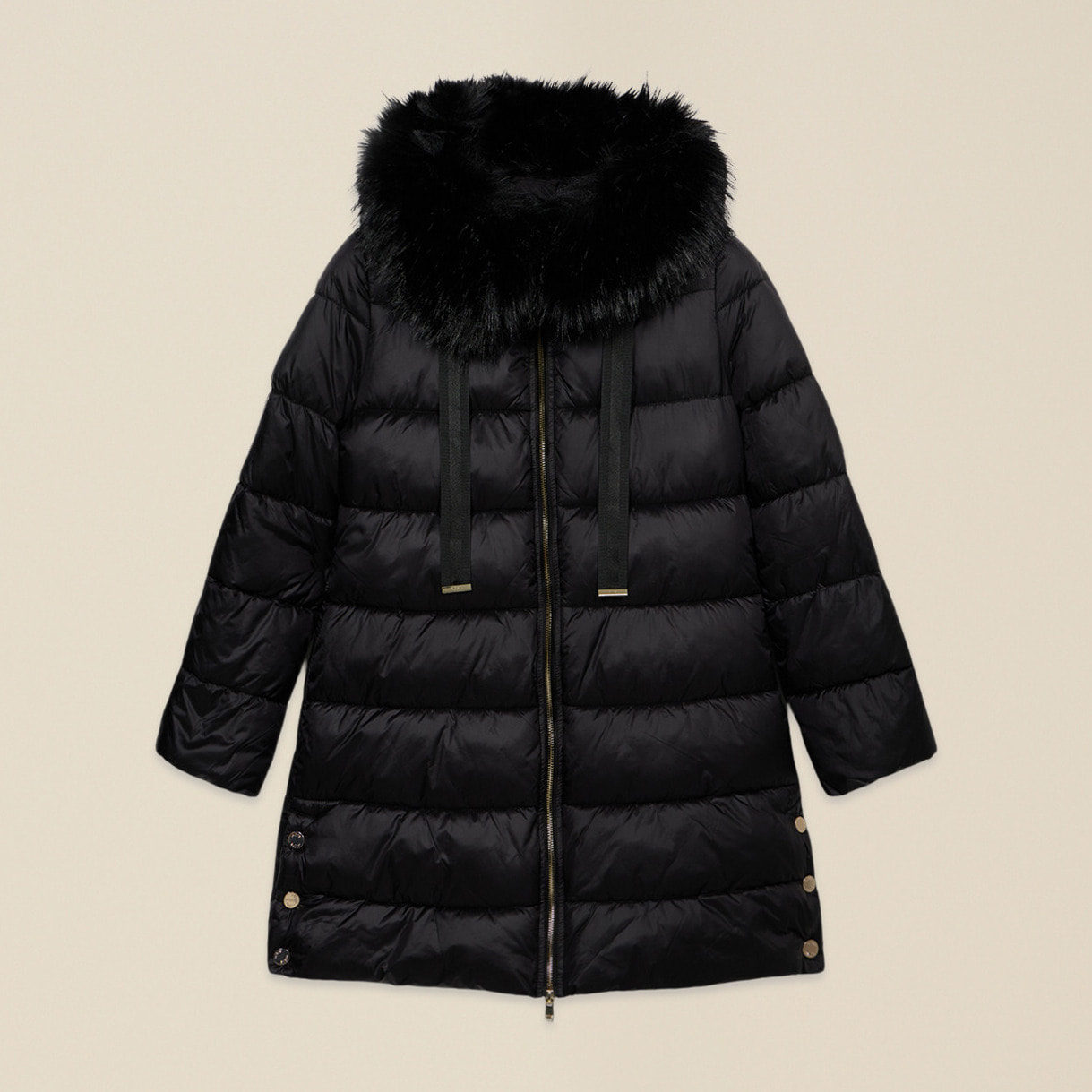 Oltre - Plumífero midi con capucha y borde peludo - Negro