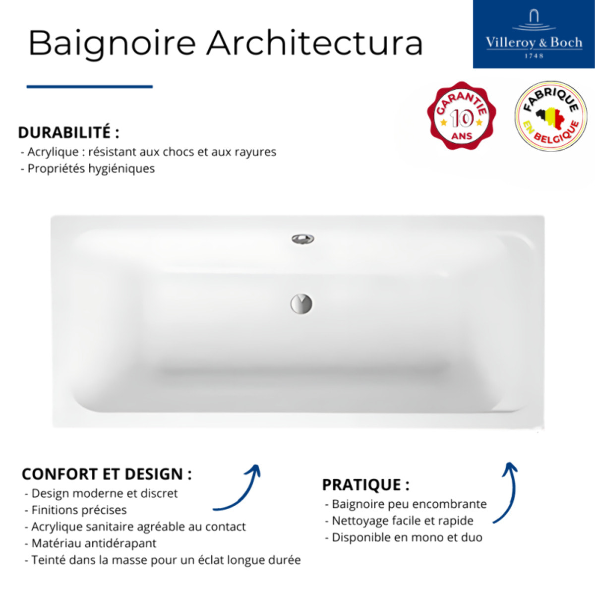 Baignoire droite VILLEROY & BOCH Architectura acrylique 170 x 80 cm  + Pare bain gauche AURYS Raywall chromé