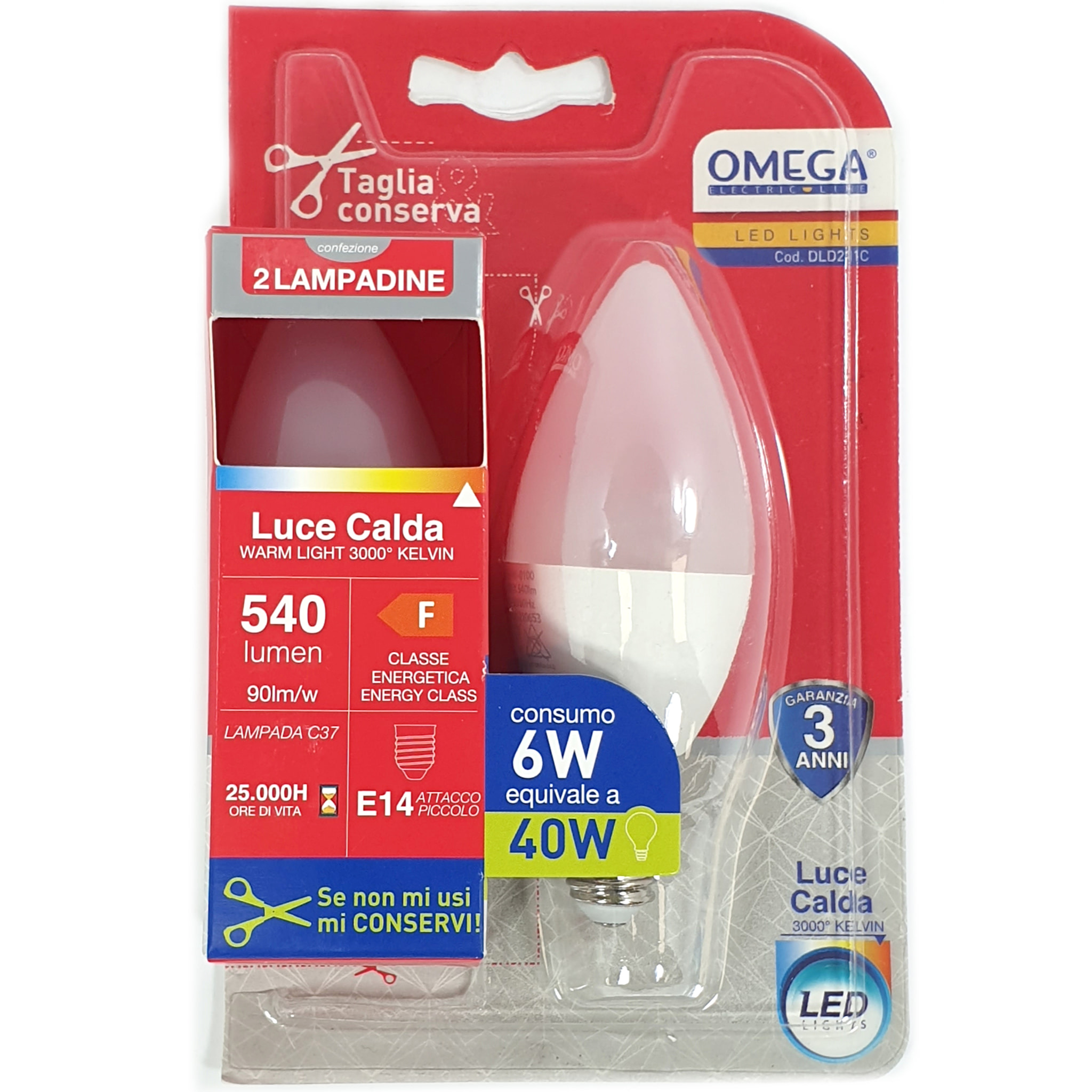 OMEGA Set 6 Pezzi Candela LED C37 6W 3000K E14