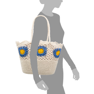 Villaga borsa a spalla donna. Realizzata in cotone, con fiori decorativi.