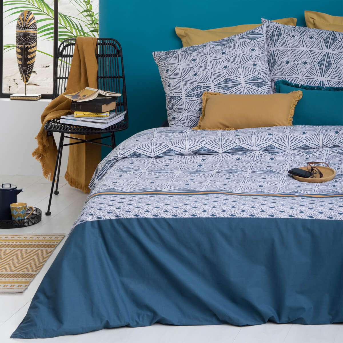 Parure de lit imprimée Tihora - percale - bleu - 240x220 cm