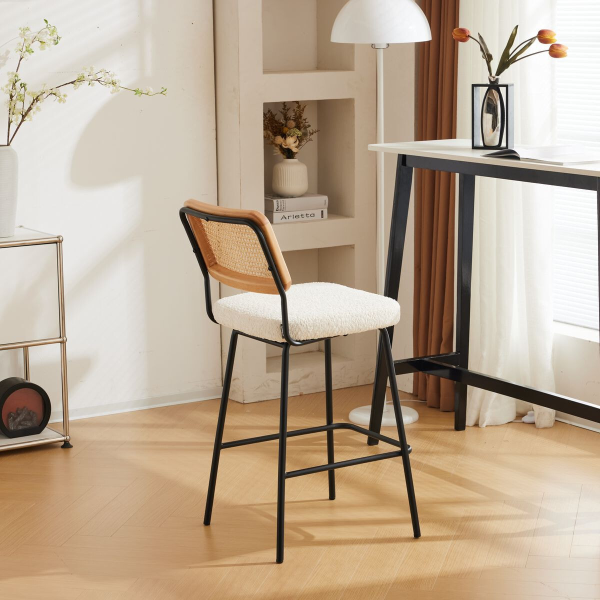 Lot de 2 chaises de bar en cannage et tissu bouclé, piètement noir - MUSE