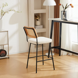 Lot de 2 chaises de bar en cannage et tissu bouclé, piètement noir - MUSE