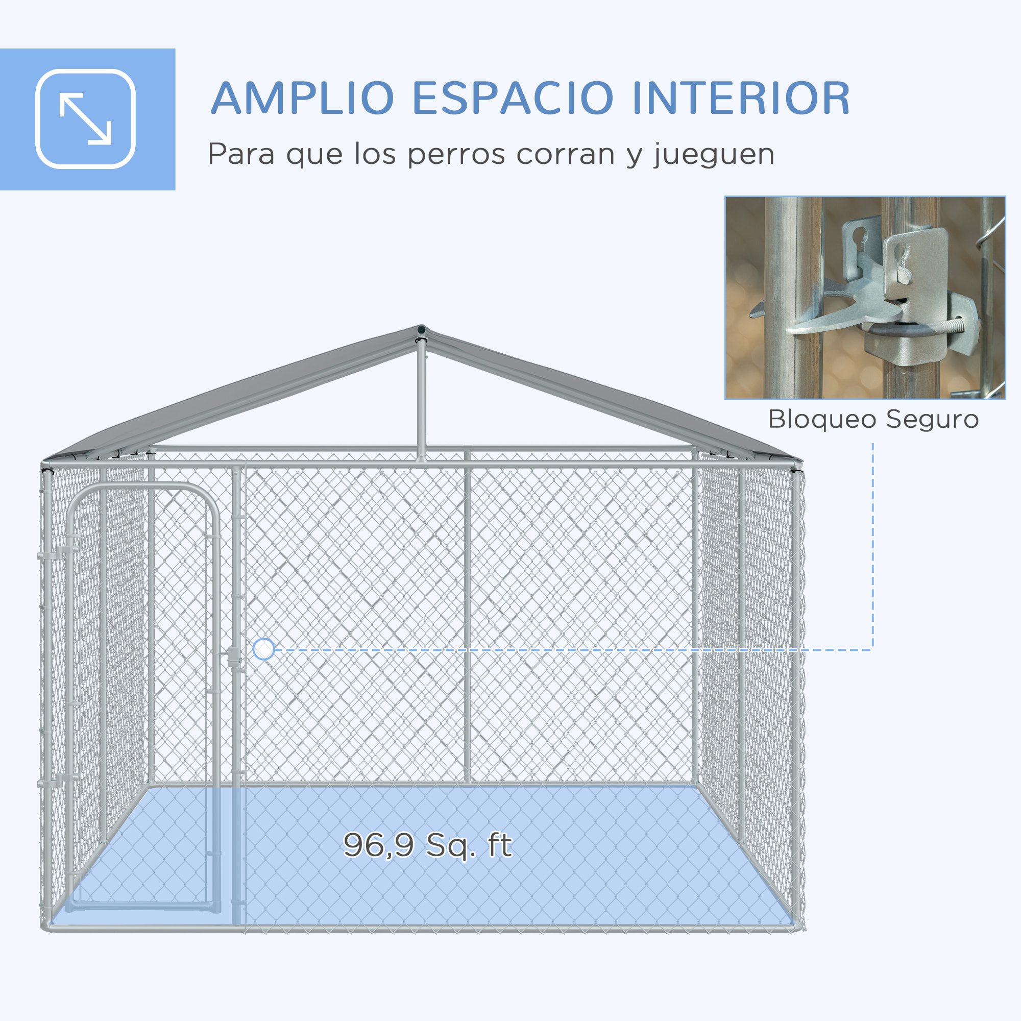 Perrera de Exterior con Toldo Jaula para Perros con 1 Puerta Anti-UV Impermeable y Marco de Acero para Jardín Patio 300x300x234 cm Plata