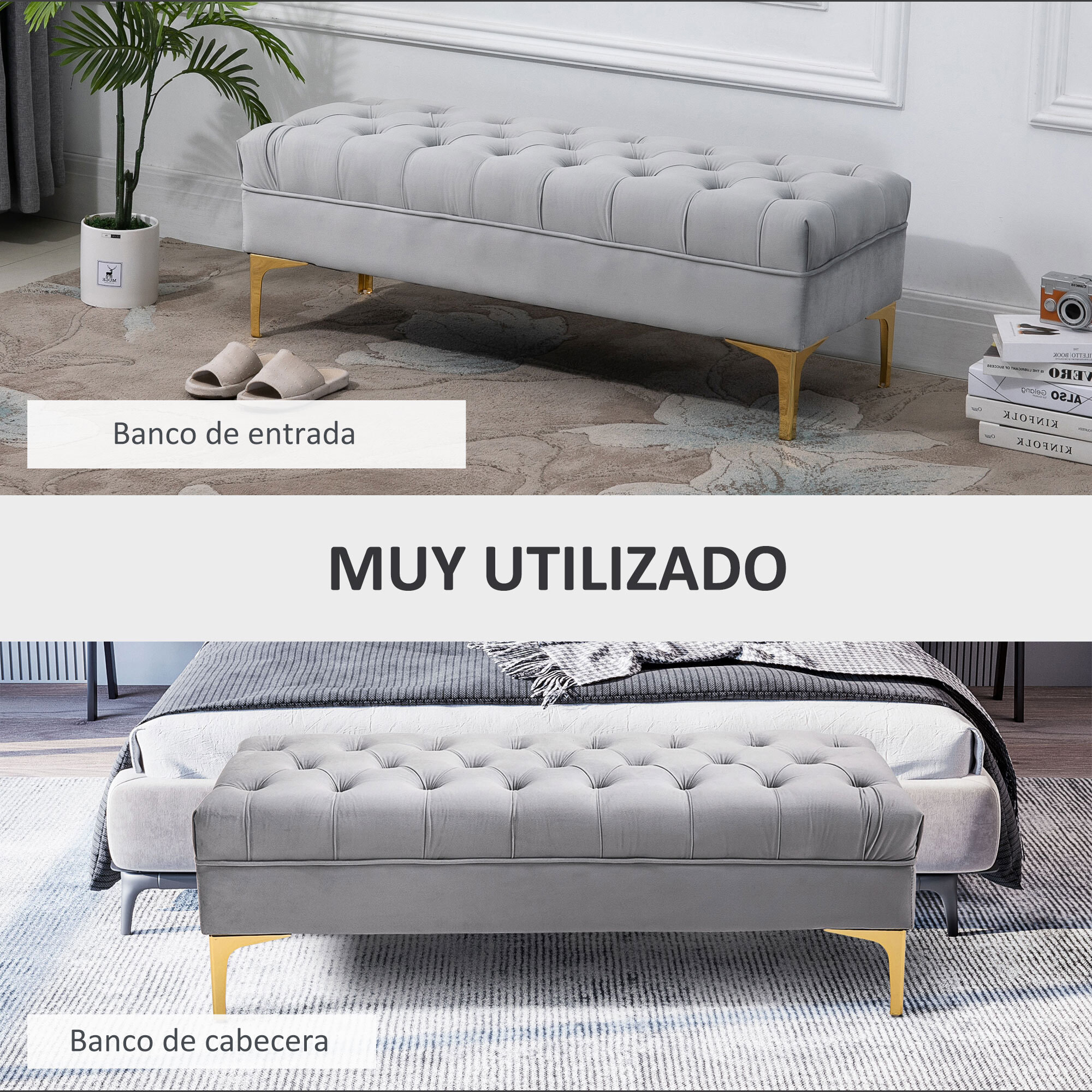 Banco Pie de Cama Taburete Pie de Cama con Asiento Acolchado y Patas Metálicas Banqueta de Dormitorio para Entrada Pasillo Carga 120 kg 118x45x42 cm Gris